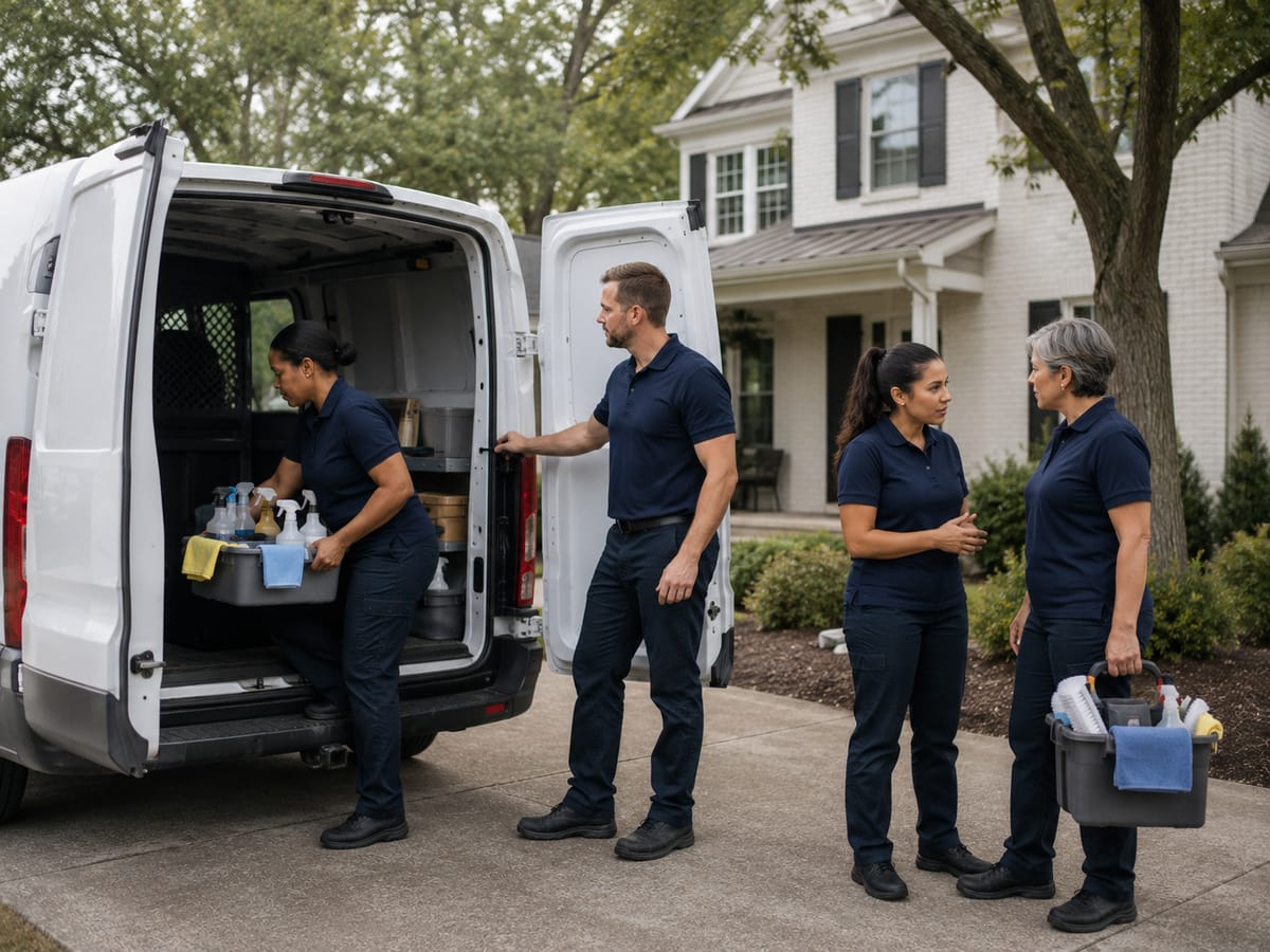 Two cleaners loading equipment into a van outside a house in Georgia