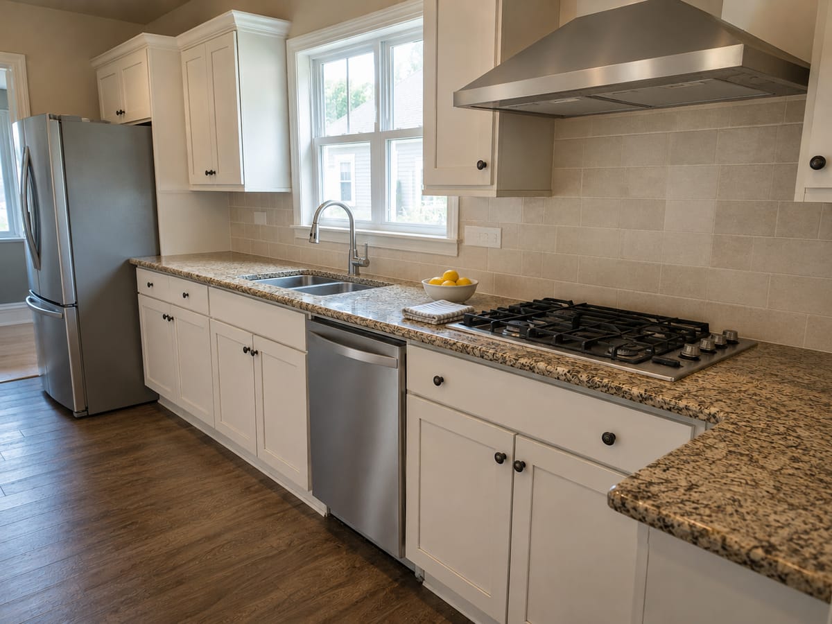 The same kitchen counter and stovetop cleaned and dried after a deep clean in Marietta
