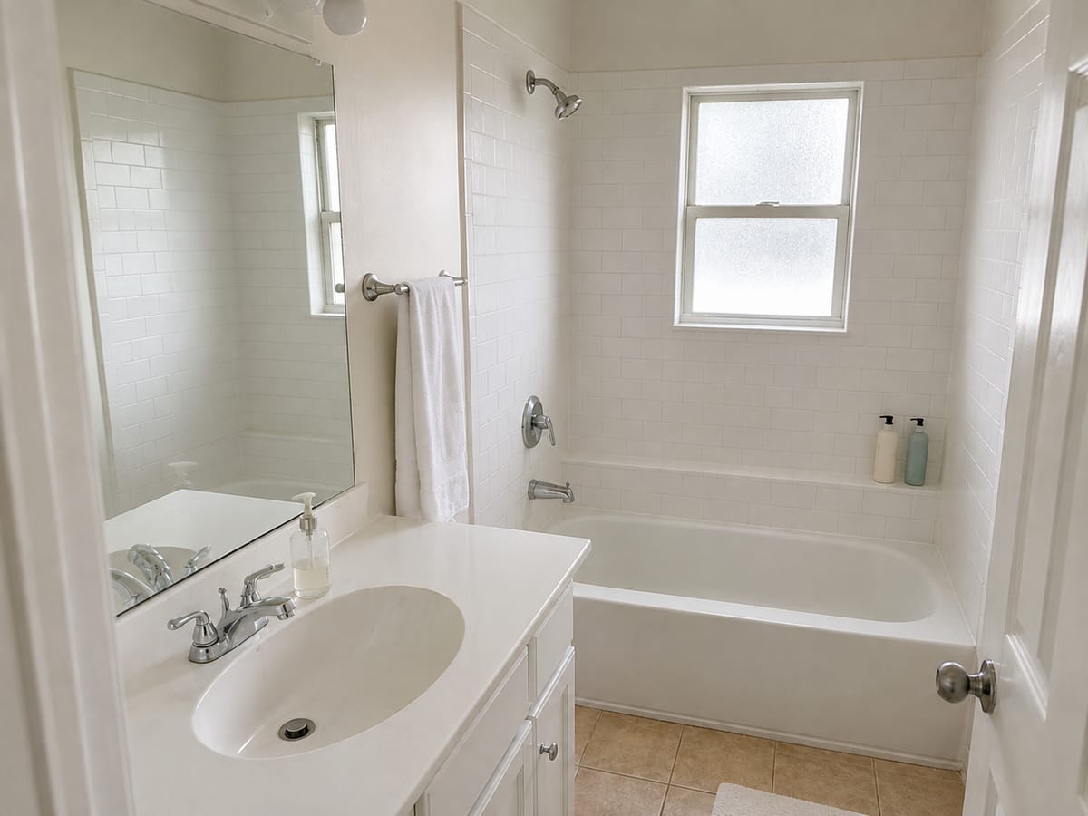 The same shower glass and tile grout cleared of mineral film after cleaning in Roswell