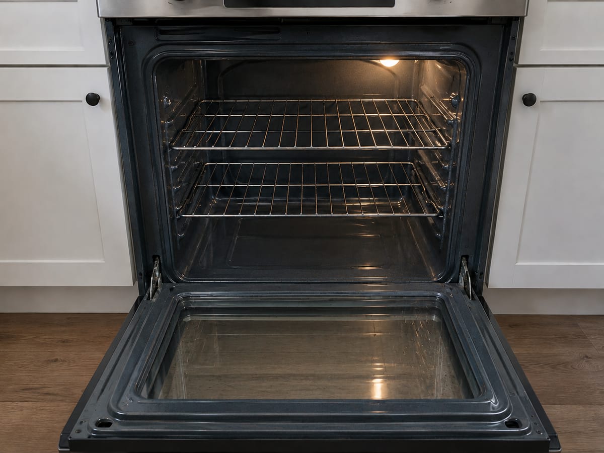 The same oven interior with clean racks and clear door glass after a move out clean in Decatur