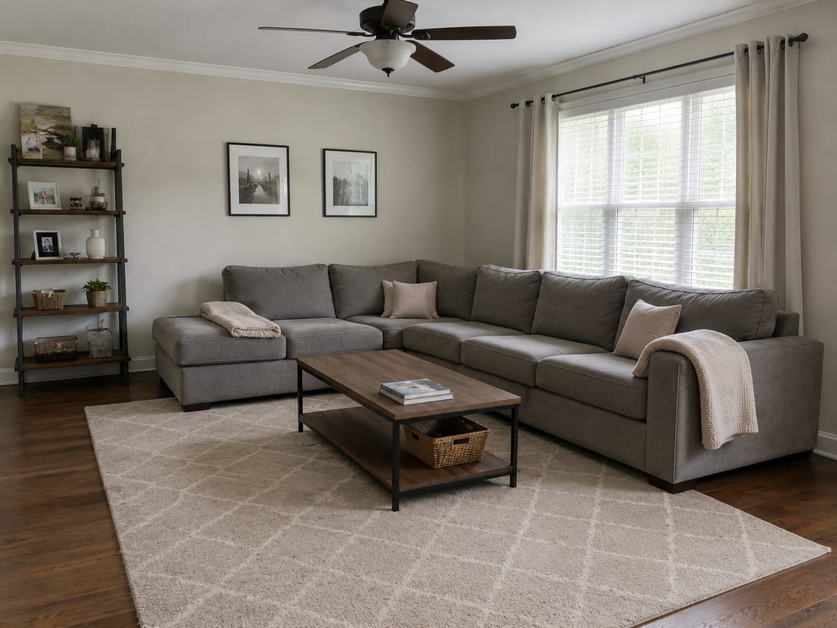 The same hardwood living room floor vacuumed and damp cleaned after a house clean in Atlanta