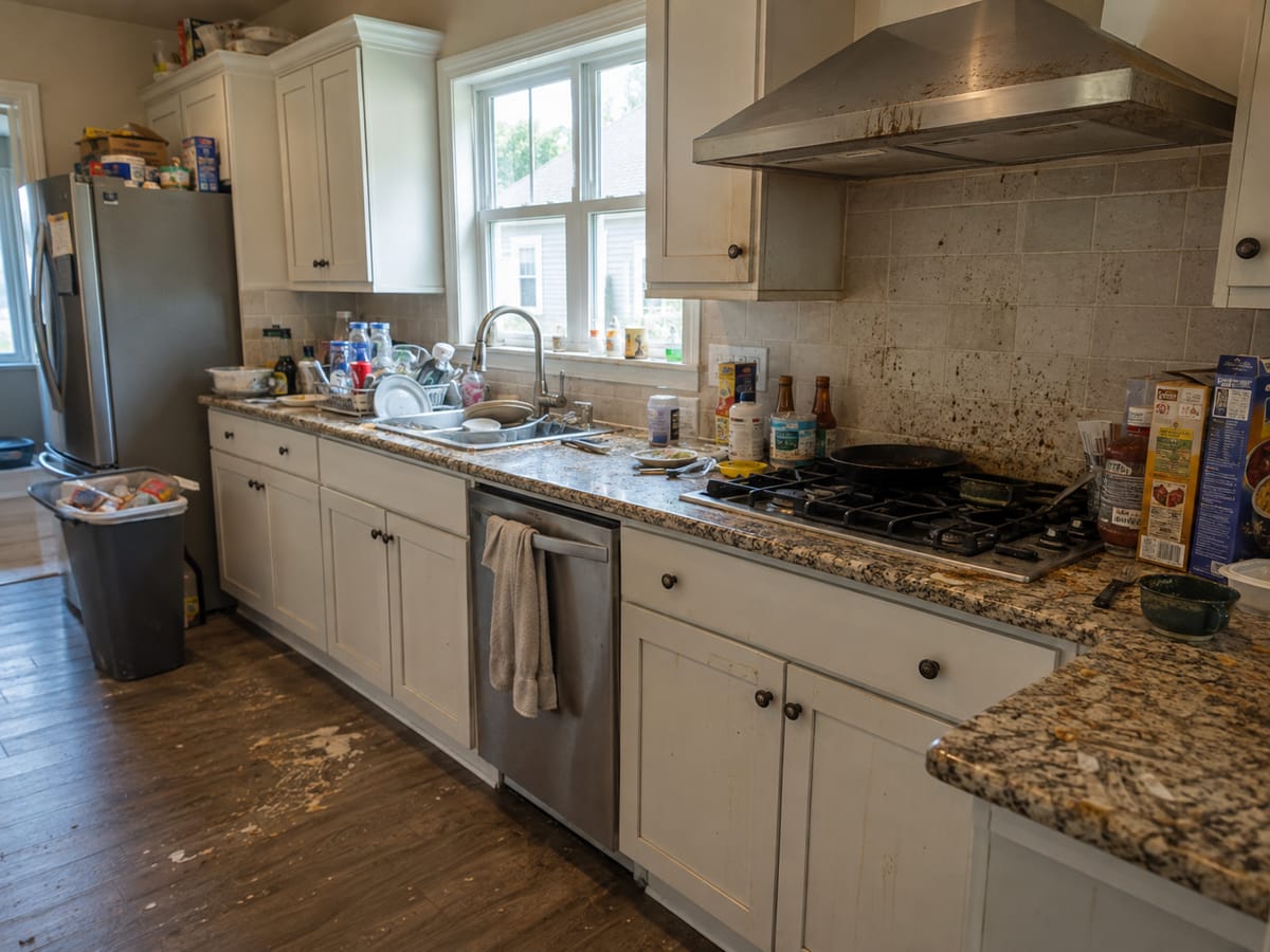 Kitchen counter and stovetop covered in cooking grease and food residue before a deep clean in Marietta