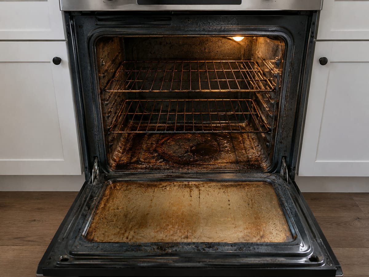 Oven interior with baked on carbon on the racks and door glass before a move out clean in Decatur