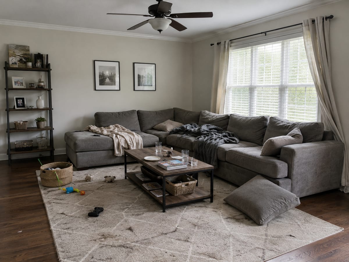 Hardwood living room floor with dust, pet hair and tracked in red clay before a house clean in Atlanta