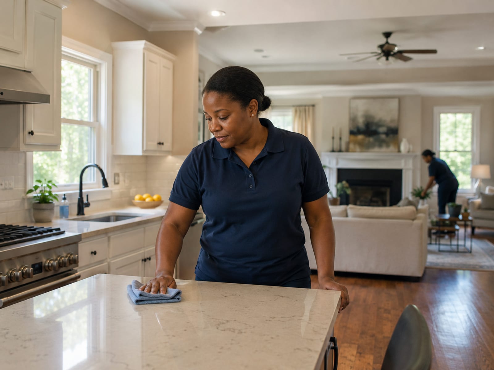 Cleaner working along a kitchen counter in a bright Georgia home, natural light from a window
