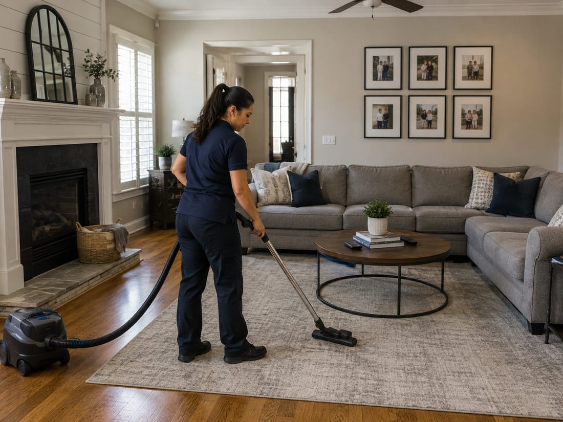 Cleaner wiping a kitchen counter beside a sink in a Georgia home