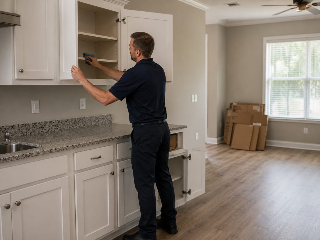Cleaner wiping the inside of an empty kitchen cabinet in a vacant apartment