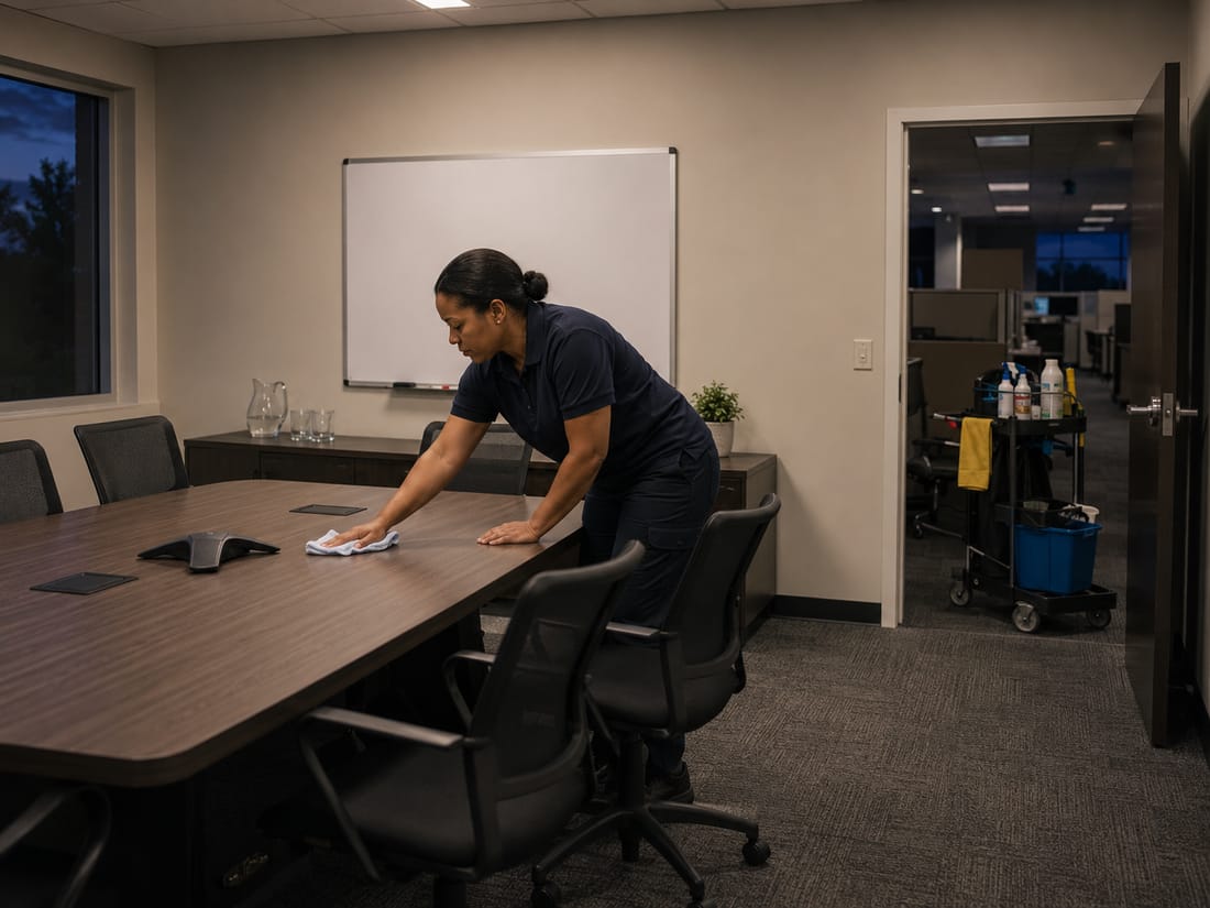 Cleaner wiping a conference table in an empty office after hours