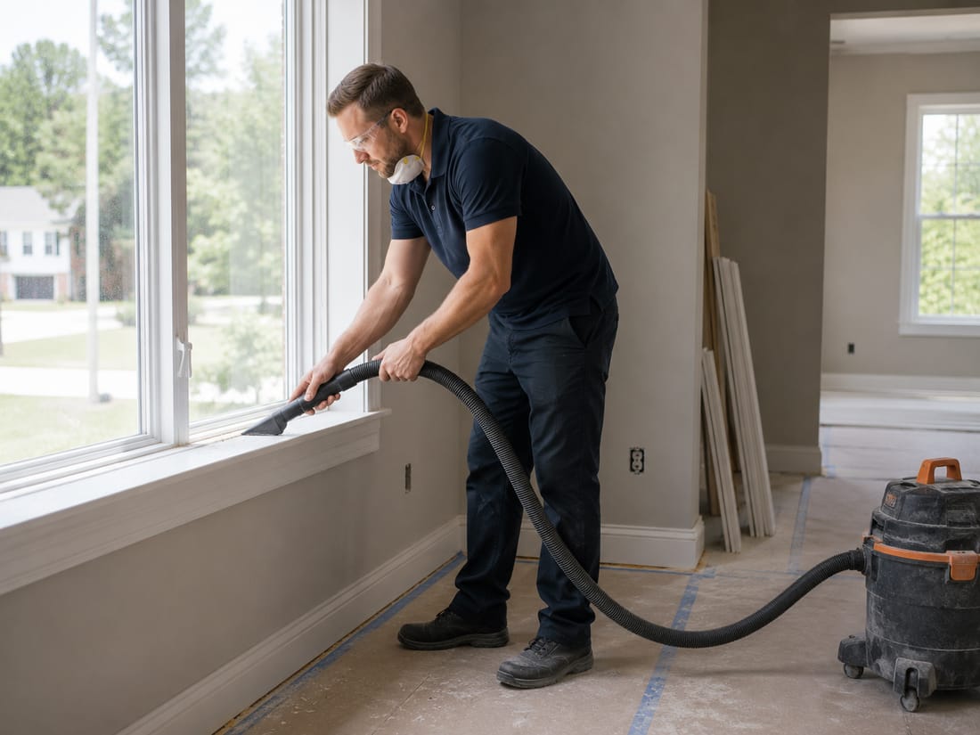 Cleaner removing drywall dust from a window frame in a newly built room