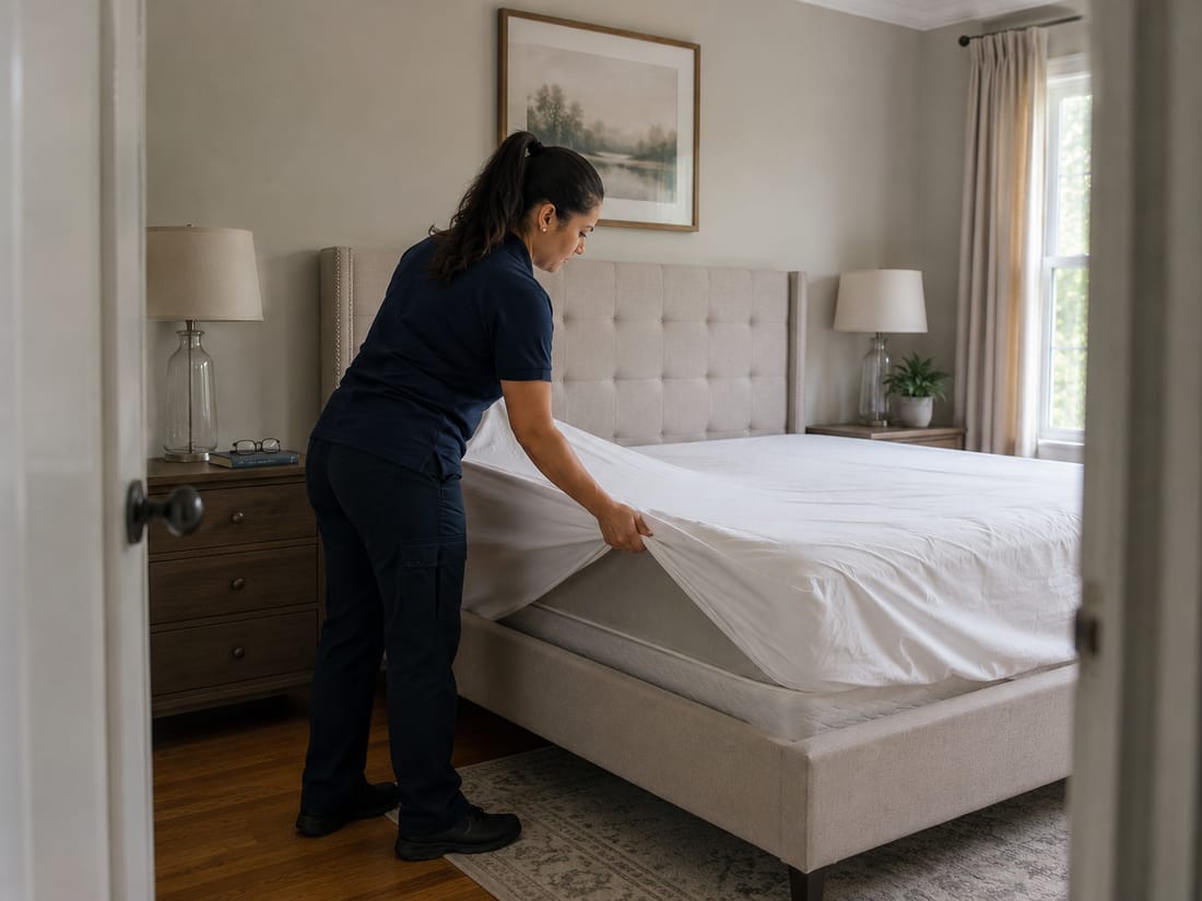 Cleaner vacuuming a living room rug beside a sofa in a family home