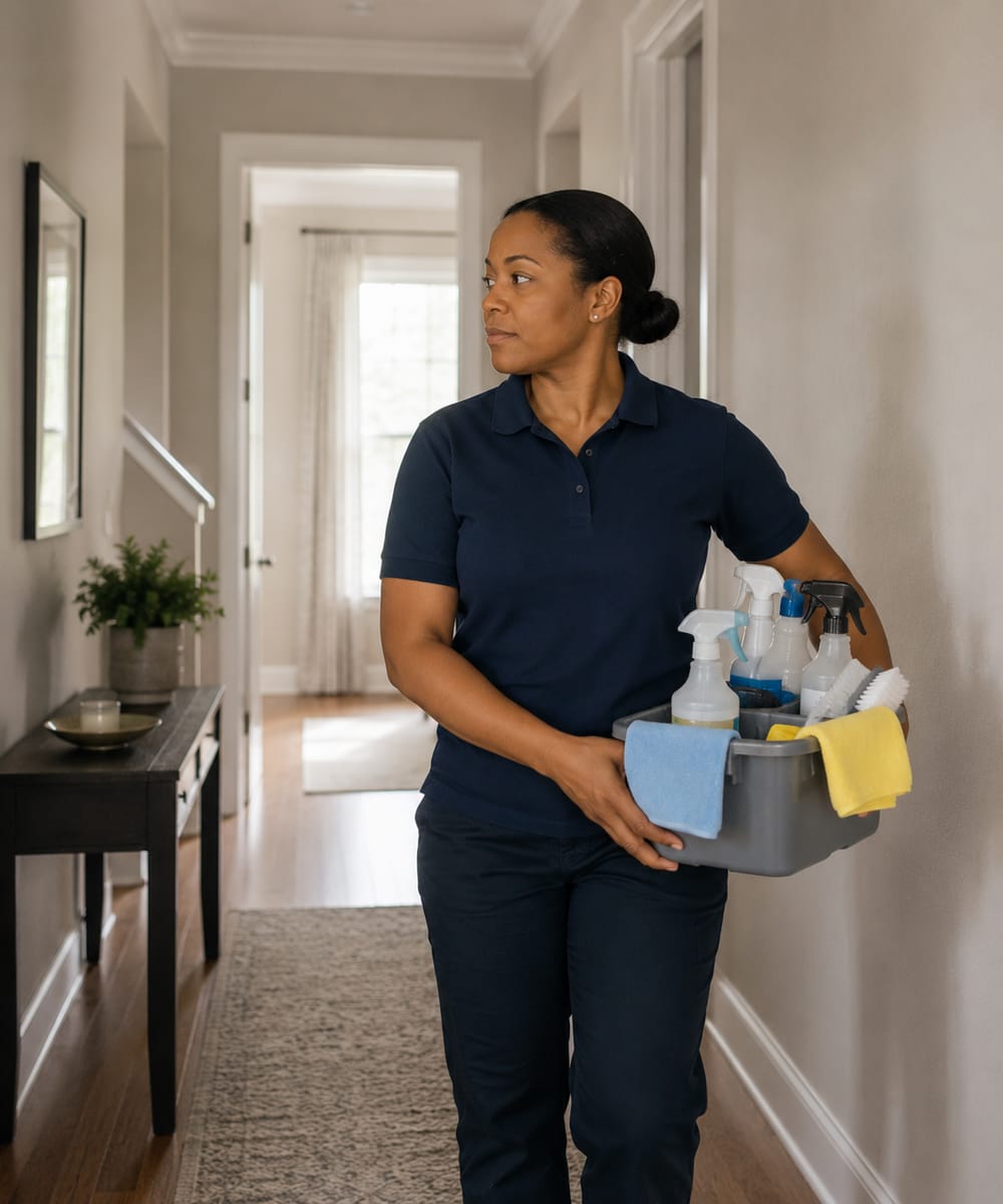 Cleaner checking a bathroom mirror and vanity against a printed checklist